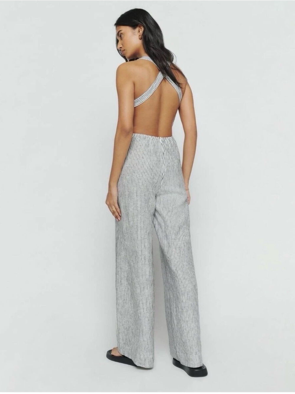 Reformation Autumn Linen Jumpsuit Vineyard Stripe Open Back Wide Leg Size 12 NWT - Picture 2 of 11